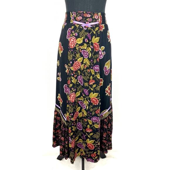 Vintage 80s 90s Maxi Skirt Floral Ruffle Elastic Waist Prairie Cottage Chic - Picture 3 of 9